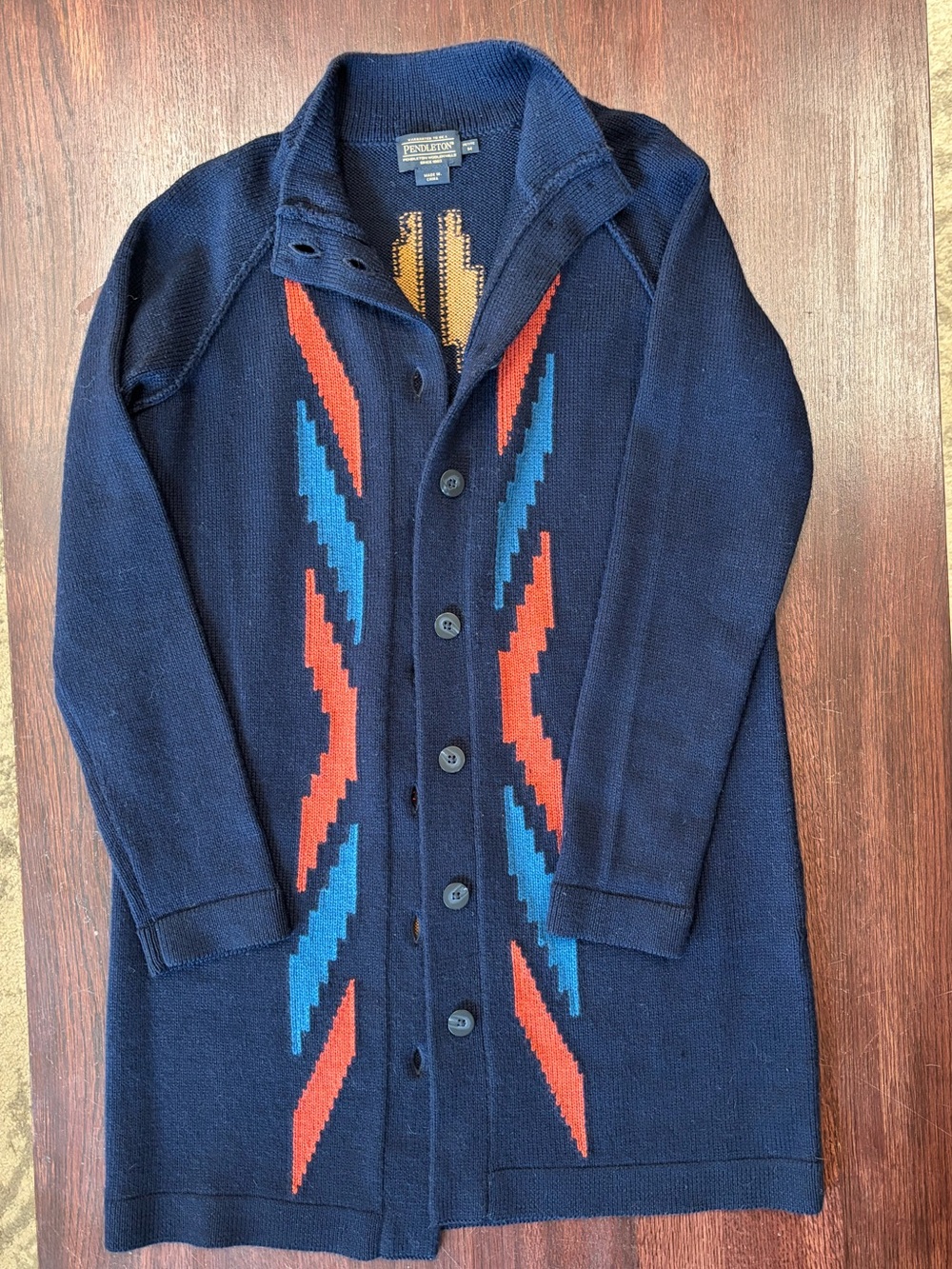 Pendleton Long Shawl-Collar Cardigan 100% Wool Geometric Pattern